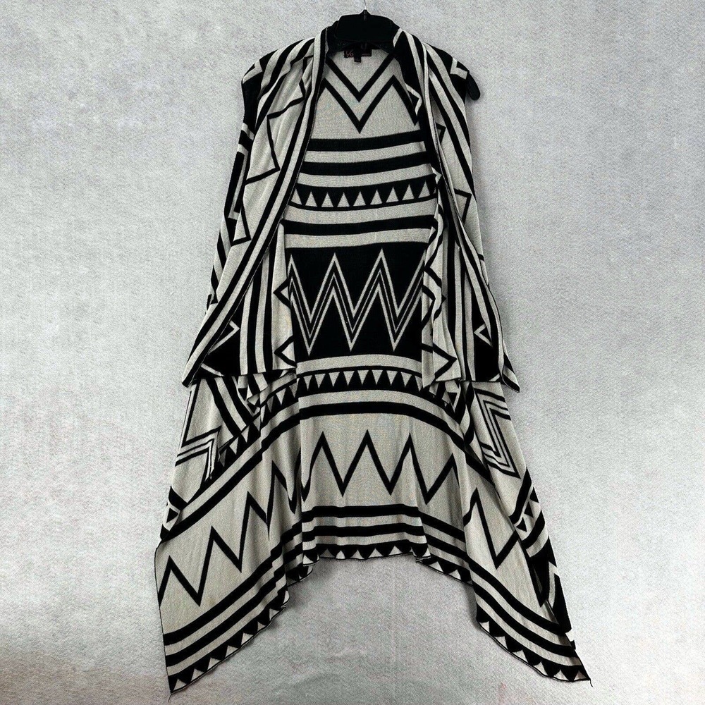 T/O Long Line Seater Vest SMALL Duster Black & White Geometric Sleeveless Boho